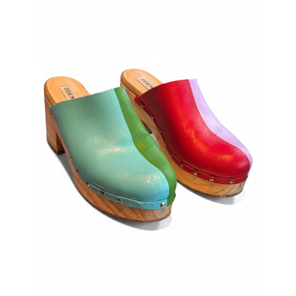 Steve Madden Clogs 8 Color block Leather Brooklyn-1 Studded Wood Mules Retro